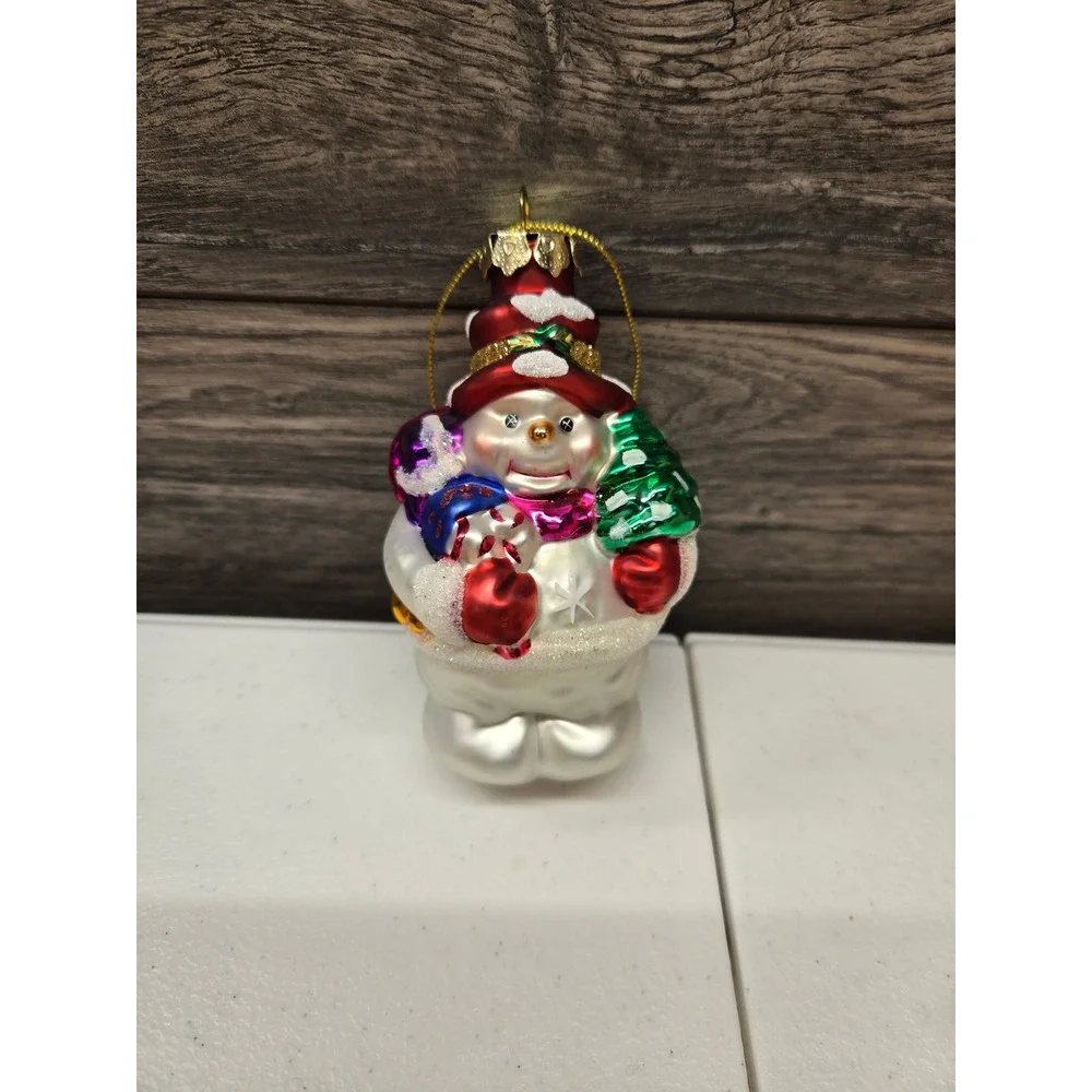 Vtg Glass Snowman Christmas Ornament White Red Glitter‎ Holiday Tree Decoration